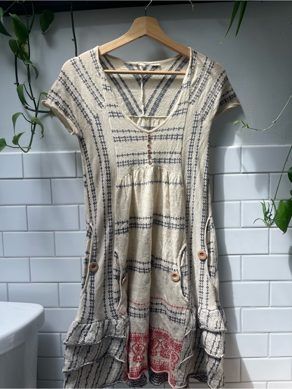 Neutral Striped Short-Sleeve V-Neck Women’s Tunic Dress